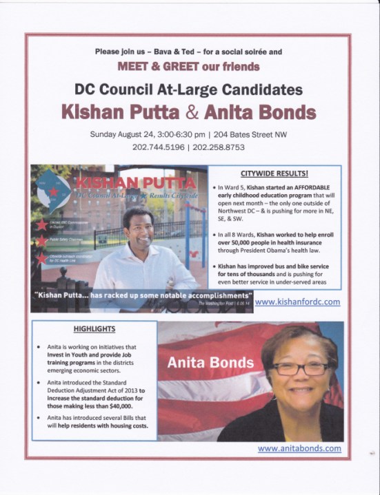 meet and greet for DC Council candidates Kishan Putta and Anita Bonds on 2014 08 24