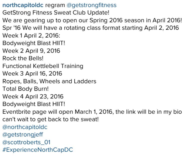 GetStong Fitness Sweat Club Spring 2016 message 2016 02
